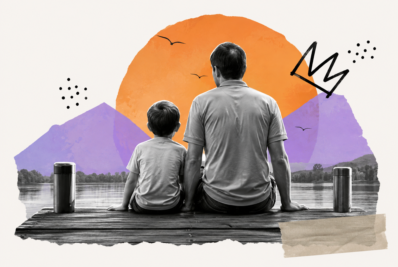 Pai e filho sentados num píer olhando o pôr do sol