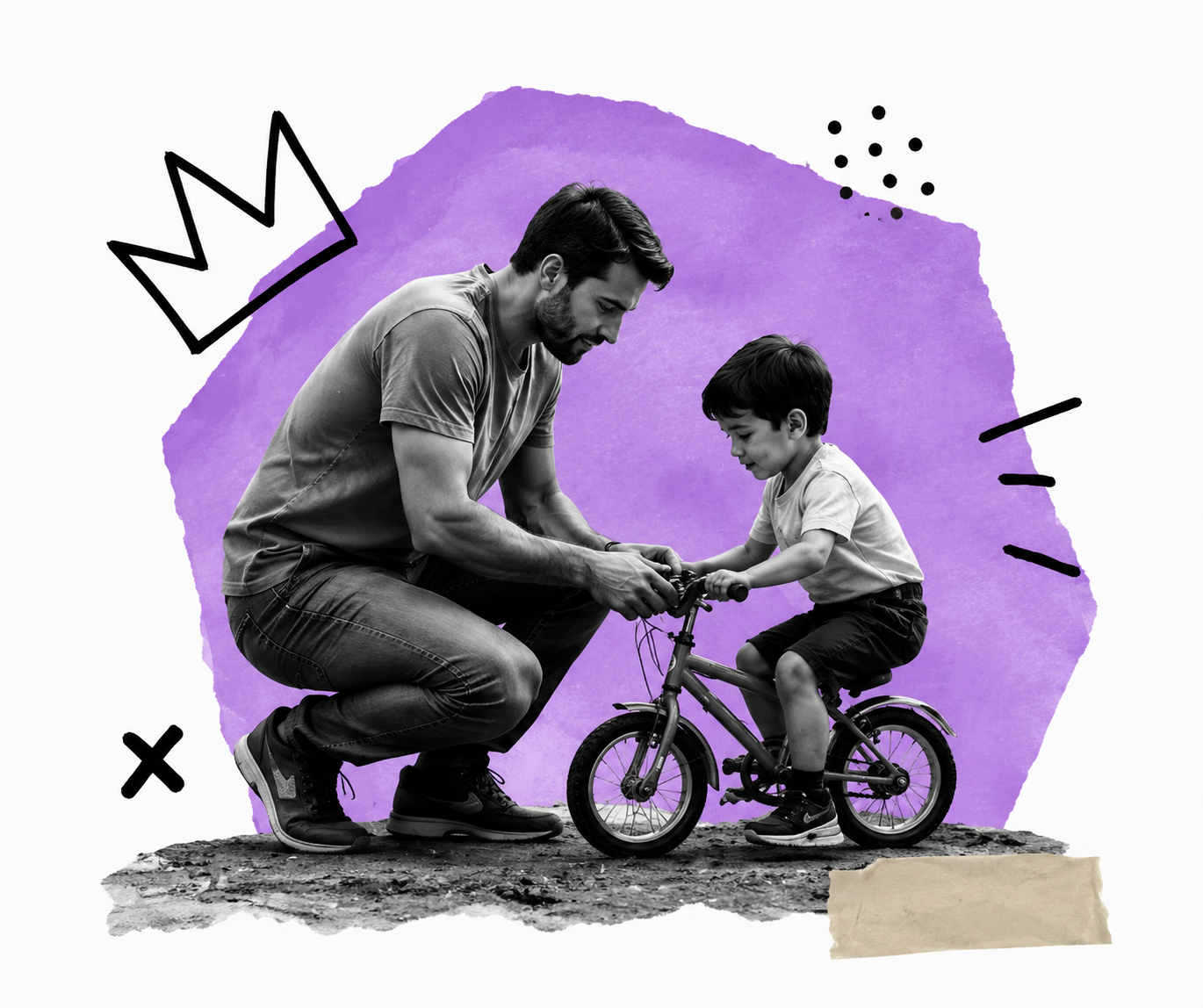 Pai ensinando o filho a andar de bicicleta