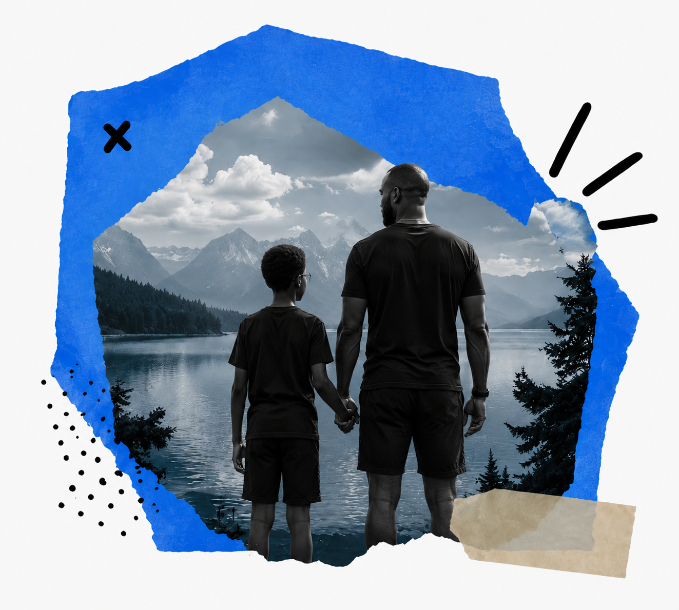 Pai e filho diante de um lago com montanhas