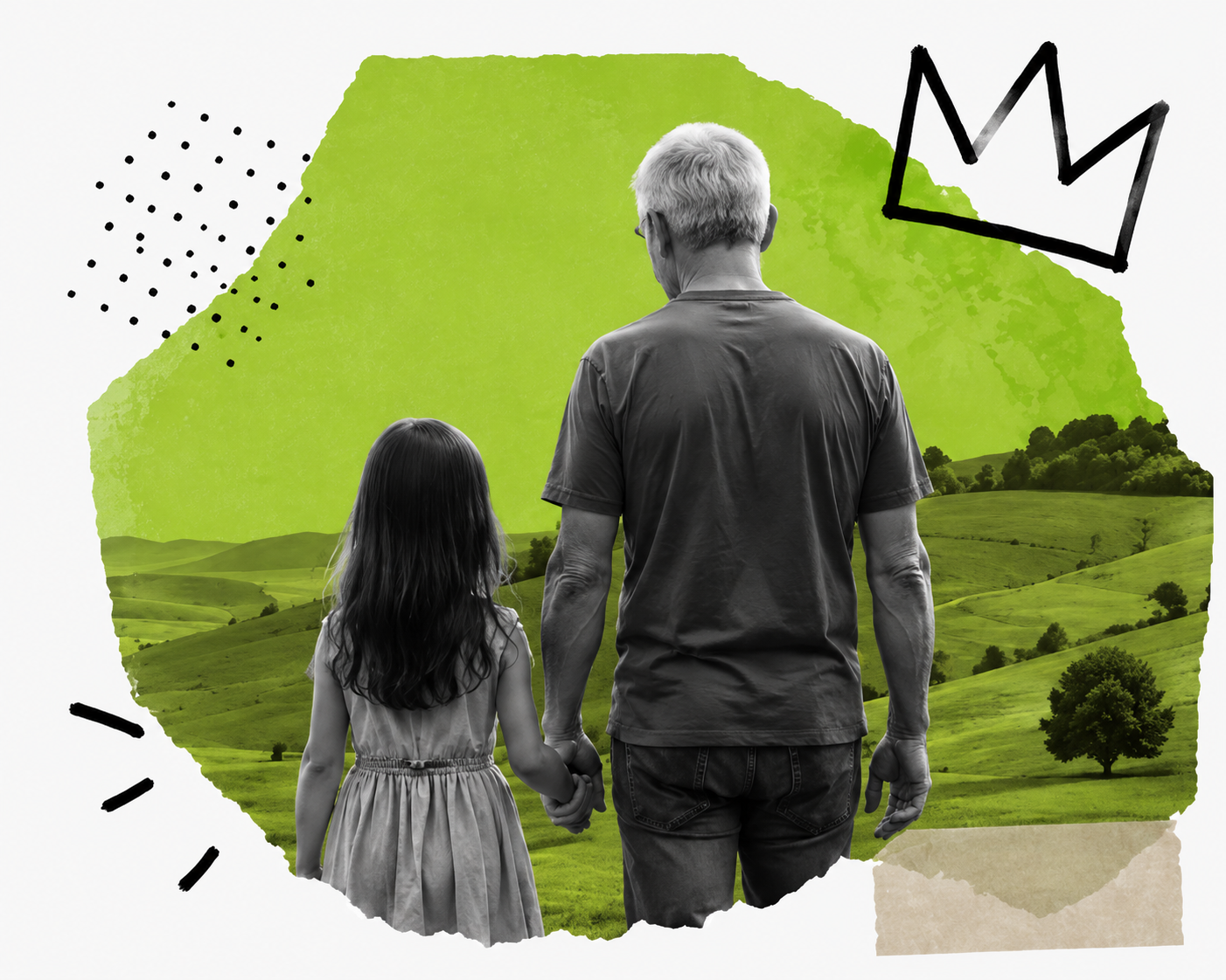 Pai e filha caminhando por um campo
